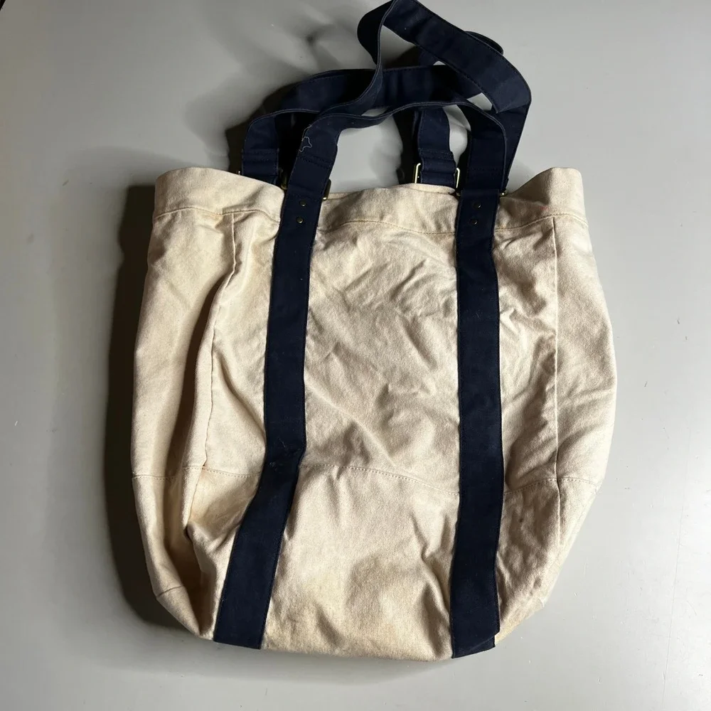 J.Crew Canvas Tote Bag Cream Navy Blue AH604 Large Travel Beach Carryall
